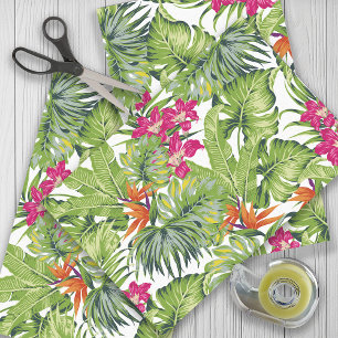 Papel De Seda Hojas Tropicales Verdes Flores Rosadas Naranjas