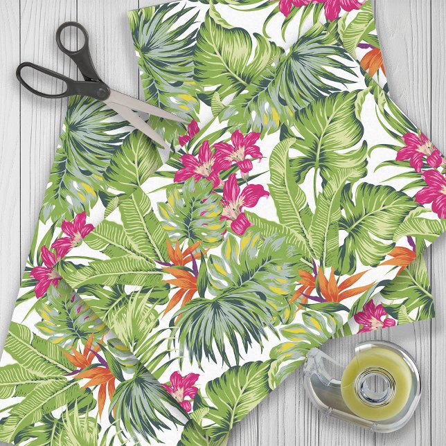 Papel De Seda Hojas Tropicales Verdes Flores Rosadas Naranjas (Tropical leaves with pink and orange flowers gift wrapping tissue paper)