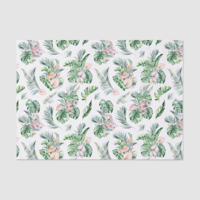 Papel De Seda Hojas tropicales y flores botánicas (Anverso)