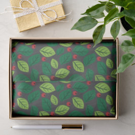 Papel De Seda Hojas verdes, bayas rojas, patrón de hojas
