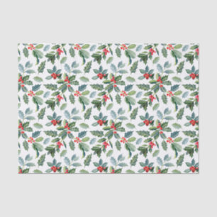 Papel De Seda Hojas y bayas de acebo de Navidad en blanco