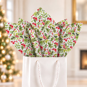 Papel De Seda Hojas y bayas de Navidad en acuarela