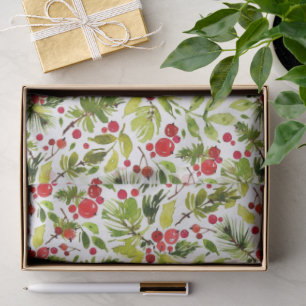 Papel De Seda Hojas y bayas de Navidad en acuarela