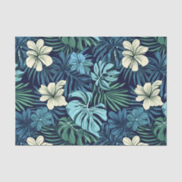 Papel De Seda Hojas y flores tropicales azul y blanco
