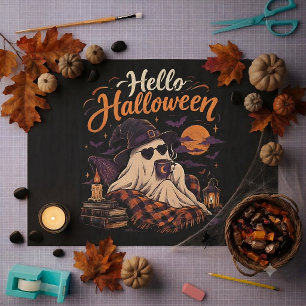 Papel De Seda Hola Halloween Fantasma Lindo Bebiendo Café