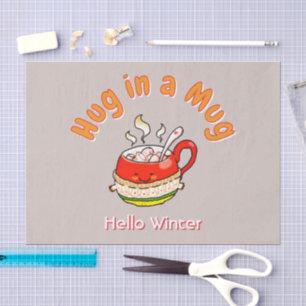 Papel De Seda Hola Invierno Abrazo en una Taza Ilustración Kawai