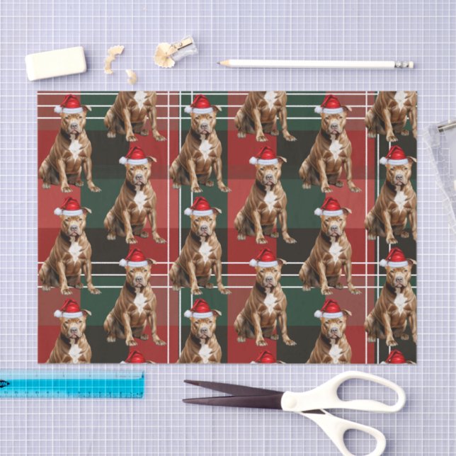 Papel De Seda Holiday Brown Pitbull Dog Red Plaid Navidades (Artesanía)