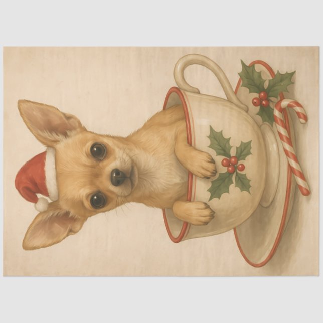 Papel De Seda Holiday Chihuahua in Holly Teacup – Cute Christmas (Anverso)