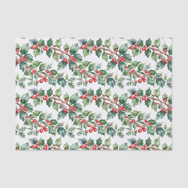 Papel De Seda Holiday Holly with Greenery in Watercolor (Anverso)