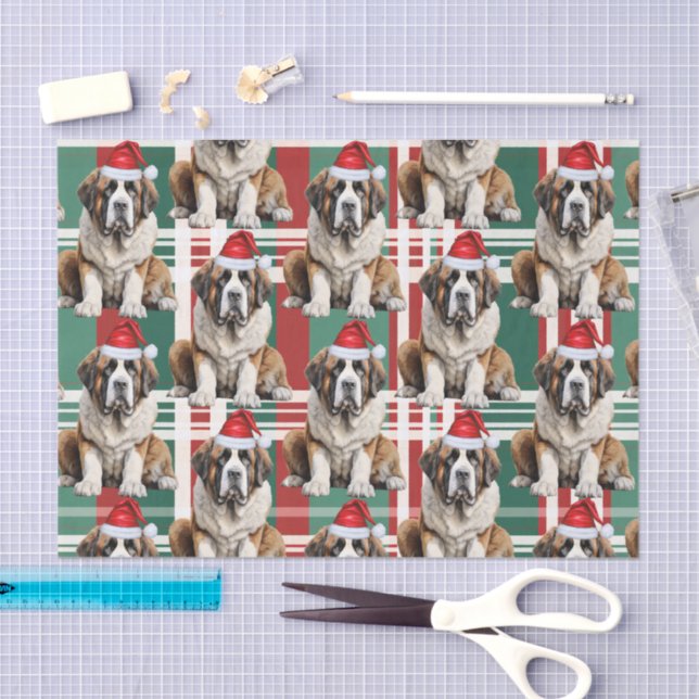 Papel De Seda Holiday Santa Saint Bernard Dog Plaid Christmas (Artesanía)