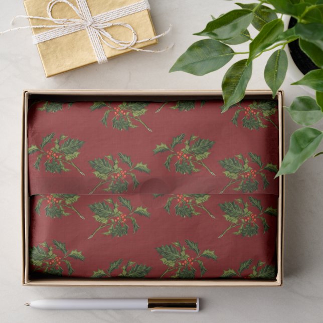 Papel De Seda Holly con bayas rojas sobre fondo texturizado (Regalo )