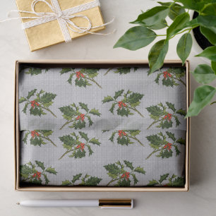 Papel De Seda Holly con Berries rojas en fondo gris