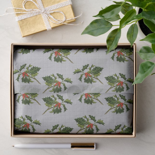 Papel De Seda Holly con Berries rojas en fondo gris (Regalo )