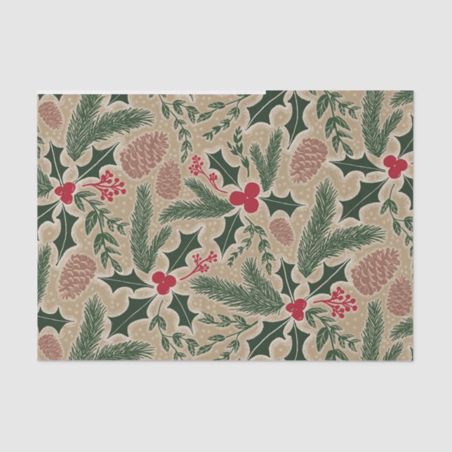 Papel De Seda Holly y Pine Cone Evergreen Navidades Desahuciar (Anverso)