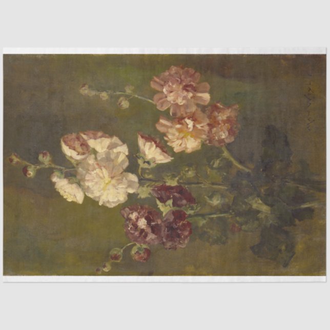 Papel De Seda Hollyhocks Aceite de época sobre lienzo (Anverso)