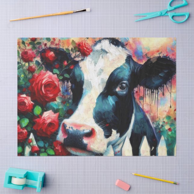 Papel De Seda Holstein Cow Picket Fence Red Roses Decoup (Artesanía)