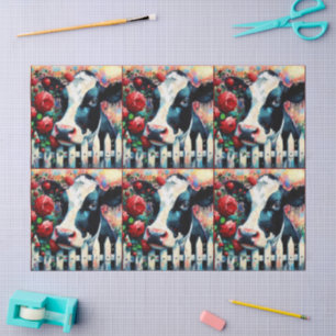 Papel De Seda Holstein Cow Picket Fence Red Roses Decoup