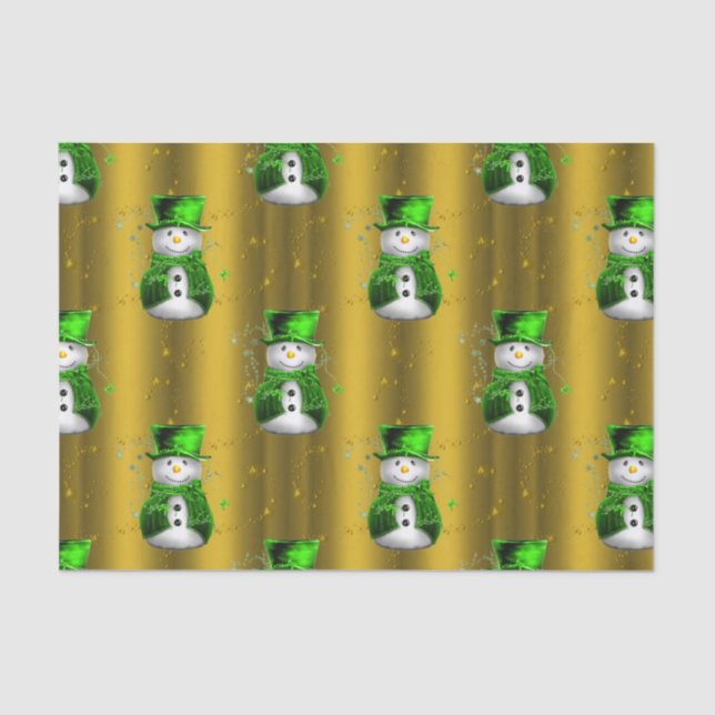 Papel De Seda Hombre de nieve verde sobre Navidades de oro (Anverso)