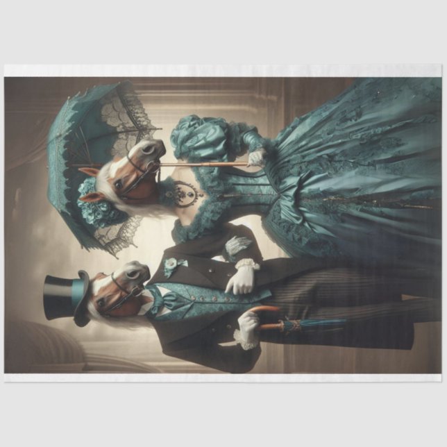 Papel De Seda Hombre victoriano Mujer Cabeza de Caballo Verde az (Anverso)