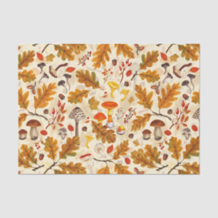 Papel De Seda Hongos forestales y flora otoñal en crema