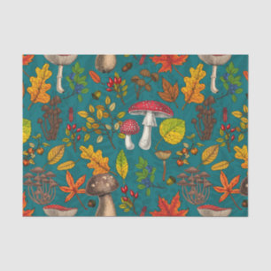 Papel De Seda Hongos, hojas, nueces y bayas otoñales en azul
