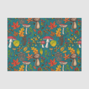 Papel De Seda Hongos, hojas, nueces y bayas otoñales en azul