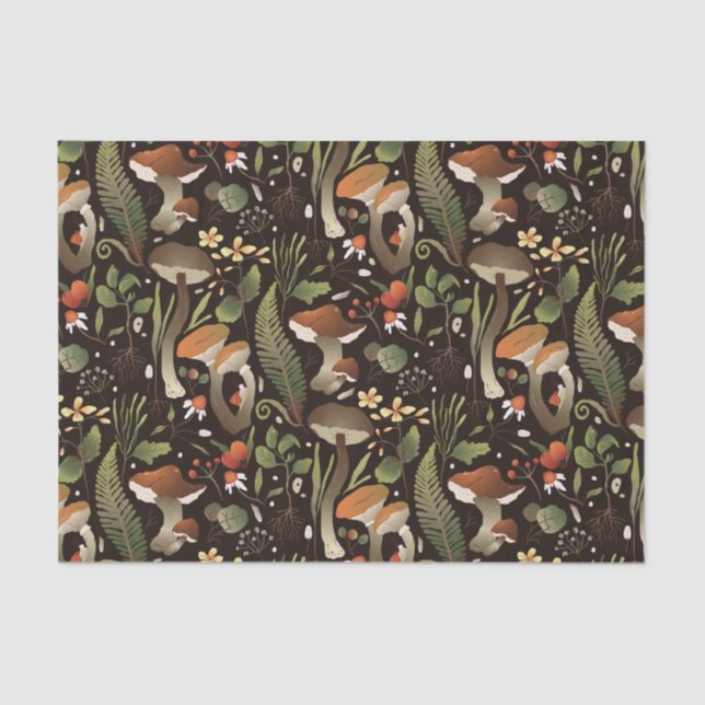 Papel De Seda Hongos silvestres, plantas forestales y cerezas (Anverso)