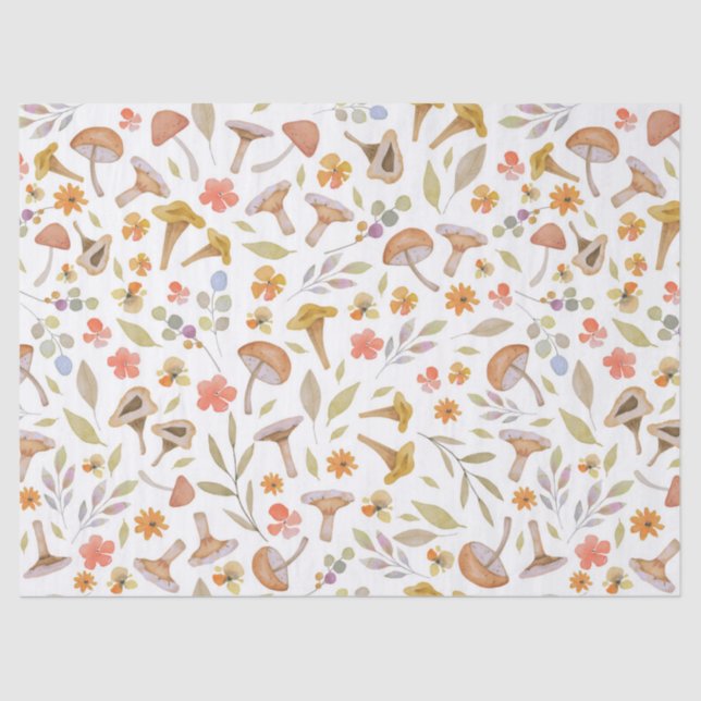 Papel De Seda Hongos y flores acuarelas (Anverso)