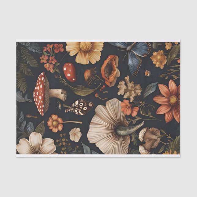 Papel De Seda Hongos y flores otoñales Caen Desnudos (Anverso)