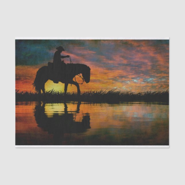 Papel De Seda Horse Cowboy Silhouette Sunset (Anverso)