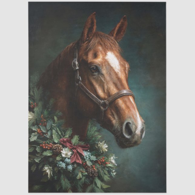 Papel De Seda Horse with Holiday Wreath and Red Ribbon (Anverso)