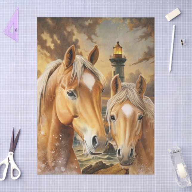 Papel De Seda Horses Lighthouse & Ocean Scene (Artesanía)