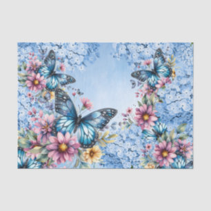 Papel De Seda Hortensia Azul Acuarela y Mariposas