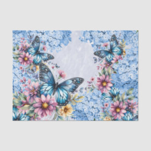Papel De Seda Hortensia Azul Acuarela y Mariposas