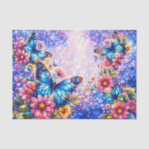 Papel De Seda Hortensia Azul Vibrante Acuarela y Mariposas