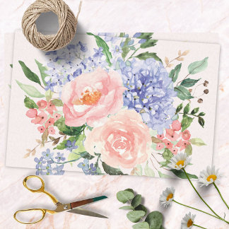 Papel De Seda Hortensia Peonía Floral Primaveral Rosa Azul Acuar