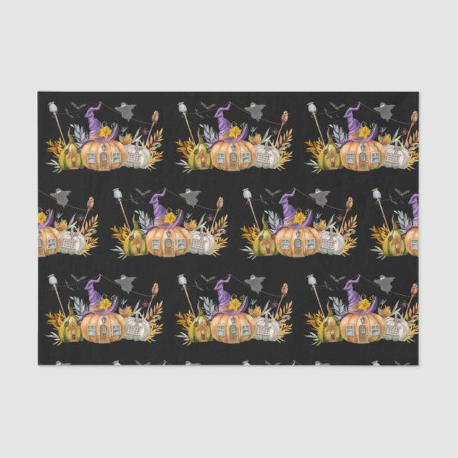 Papel De Seda Hospedaje de calabaza con fantasma y murciélagos (Anverso)