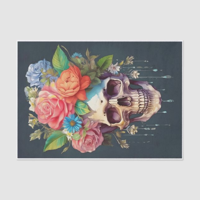 Papel De Seda Huesos y Flores, Calavera y Flores de Jardín (Anverso)