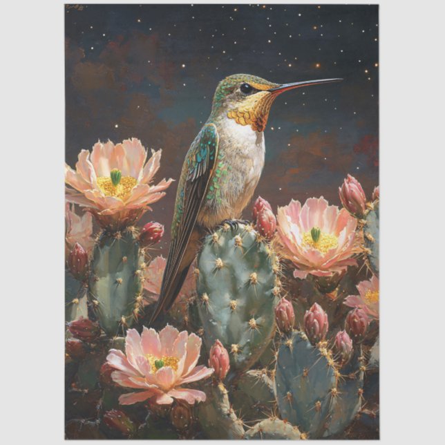 Papel De Seda Hummingbird en un Cactus floreciente (Anverso)