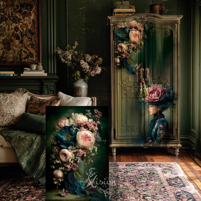 Papel De Seda Hummingbird & Floral Fantasy Bouquet (Hummingbird & Bouquet Floral, Emerald Green and Pink Decoupage Tissue Paper)