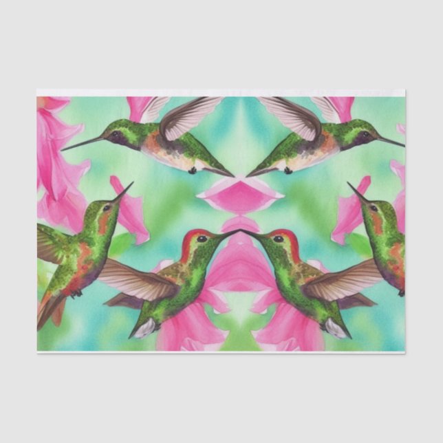 Papel De Seda Hummingbirds con flores y alegría acuática (Anverso)