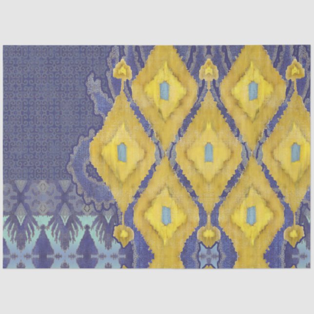Papel De Seda IKAT Uzbekistán antiguo patrón tribal amarillo azu (Anverso)
