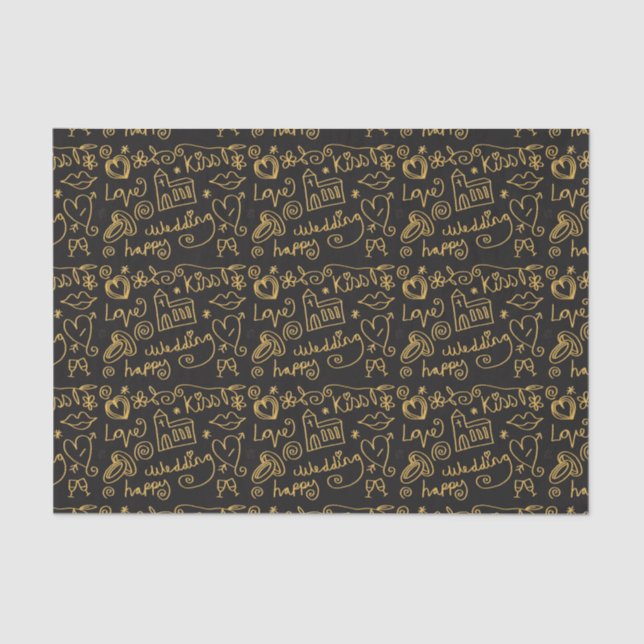 Papel De Seda Illustrated Gold and Black Wedding Doodles (Anverso)