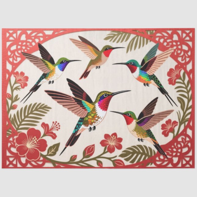 Papel De Seda Ilustración artística de colibríes en vuelo (Anverso)