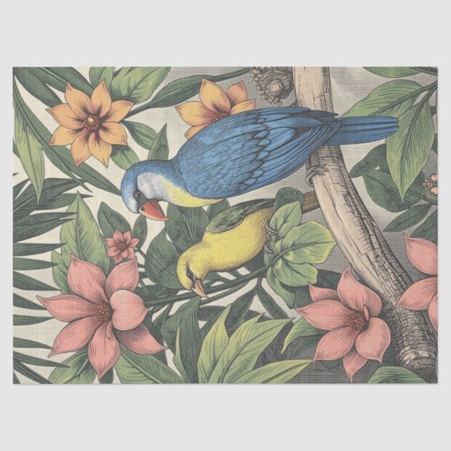 Papel De Seda Ilustración Audaz de Aves Tropicales (Anverso)