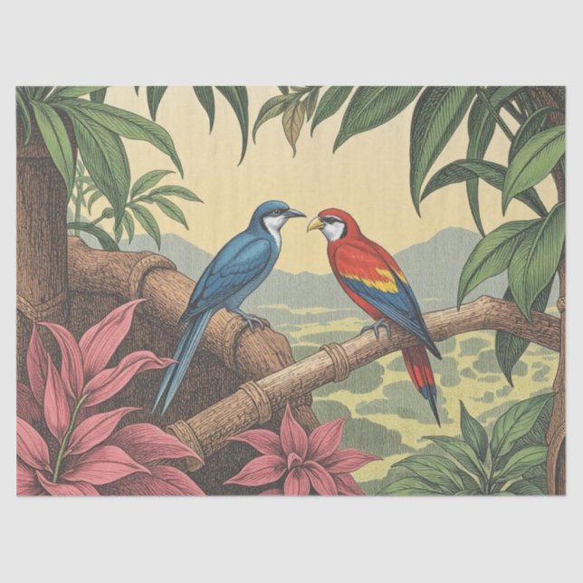 Papel De Seda Ilustración Audaz de Aves Tropicales (Anverso)