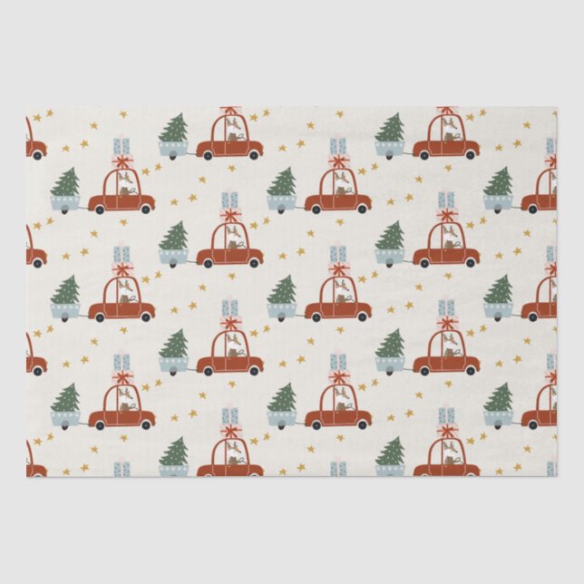 Papel De Seda Ilustración de coche rojo de árbol de Navidad (Anverso)