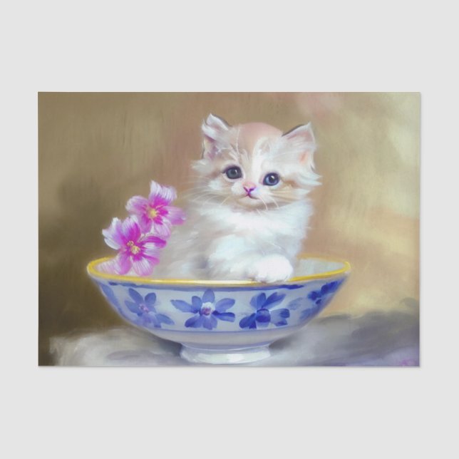 Papel De Seda Ilustracion de gatito blanco vintage (Anverso)