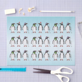 Papel De Seda Ilustración de tres pingüinos navideños festivos