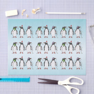 Papel De Seda Ilustración de tres pingüinos navideños festivos